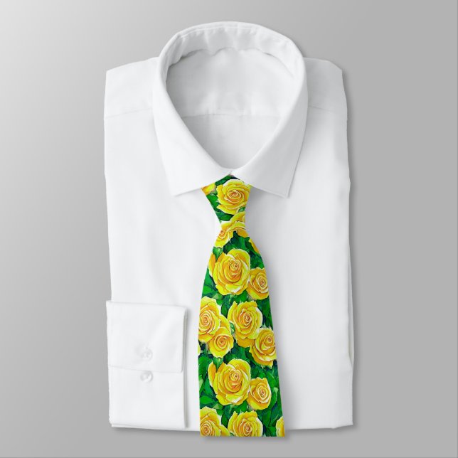 Yellow Watercolor Rose Pattern Neck Tie (Tied)
