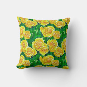 Yellow Watercolor Rose Pattern Throw Pillow
