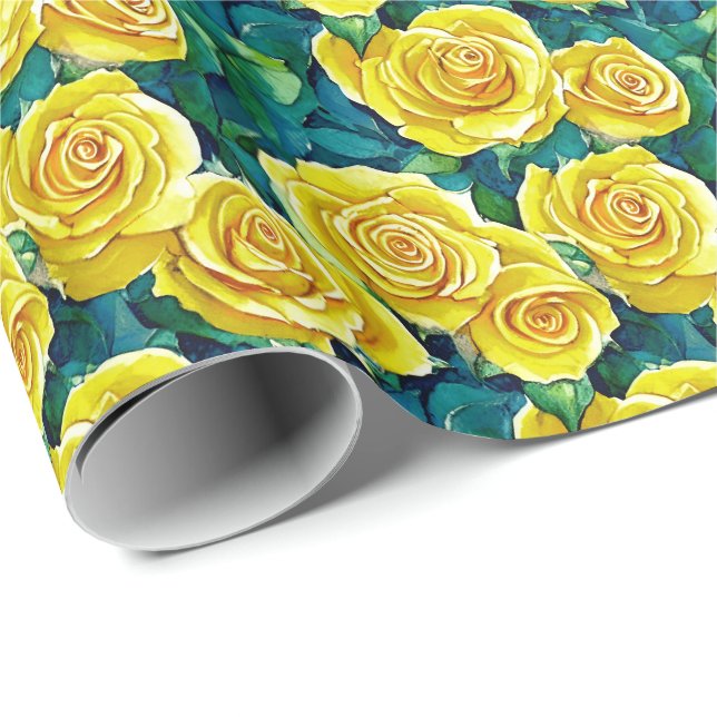 Yellow Watercolor Rose Pattern Wrapping Paper (Roll Corner)