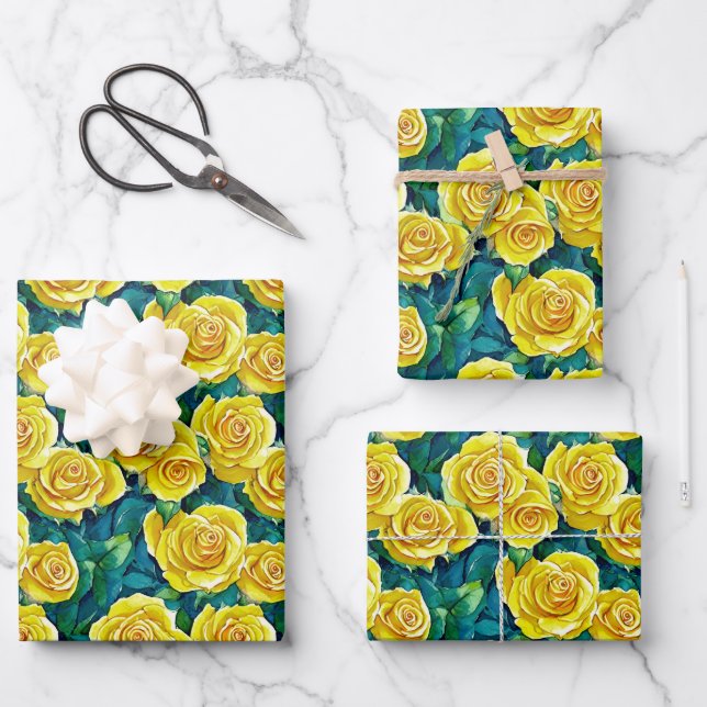 Yellow Watercolor Rose Pattern Wrapping Paper Sheets (Front)