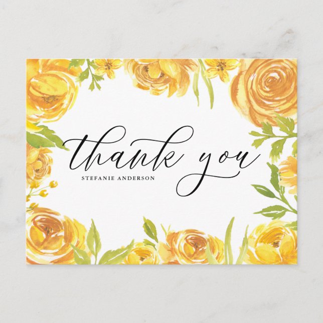 Yellow Watercolor Roses and Peonies Thank You Postcard (Front)