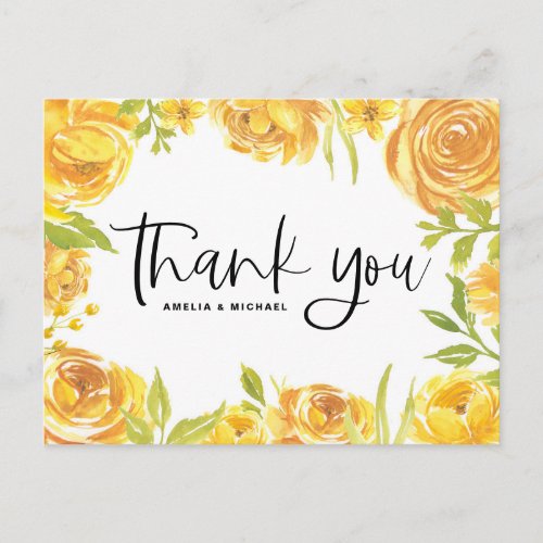 Yellow Watercolor Roses and Peonies Thank You Postcard