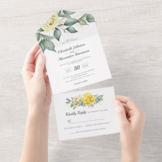 Yellow watercolor roses classic greenery wedding