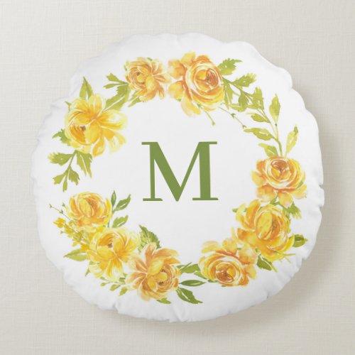 Yellow Watercolor Roses Floral Wreath Monogram Round Pillow