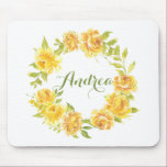 Yellow Watercolor Roses Floral Wreath Personalized Mouse Pad<br><div class="desc">A bright and whimsical botanical mousepad. It features watercolour floral wreath of yellow roses and peonies with greenery accents and a whimsical script. Personalize by adding a monogram. This yellow floral wreath mousepad is perfect as a personalized gift.</div>