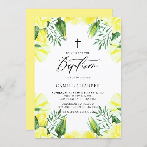 Yellow Watercolor Roses Garland Baptism Invitation