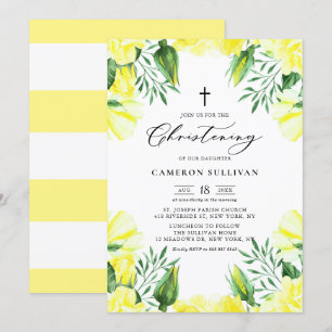 Yellow Watercolor Roses Garland Summer Christening Invitation
