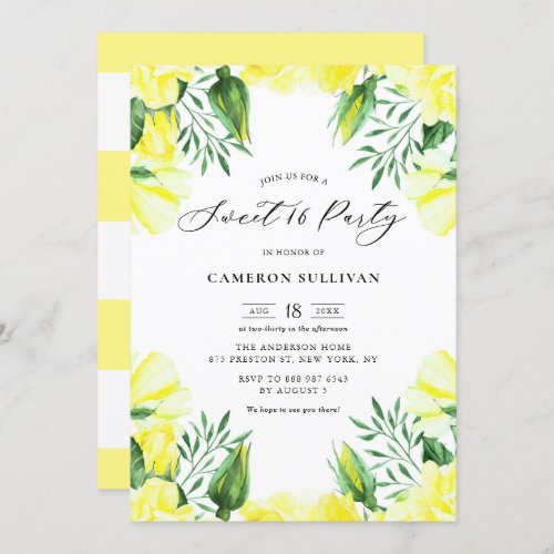 Yellow Watercolor Roses Garland Sweet 16 Party Invitation