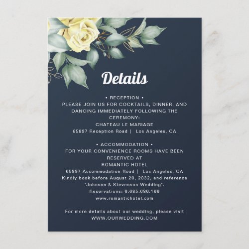 Yellow watercolor roses navy blue wedding details enclosure card