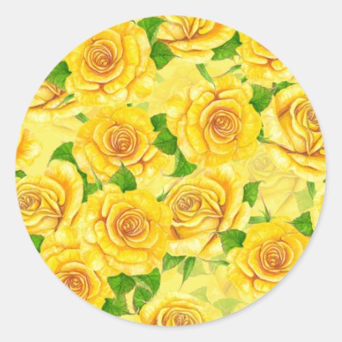 Yellow watercolor roses pattern classic round sticker