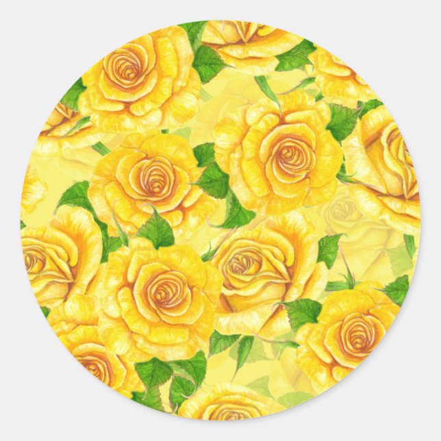 Yellow watercolor roses pattern classic round sticker (Front)