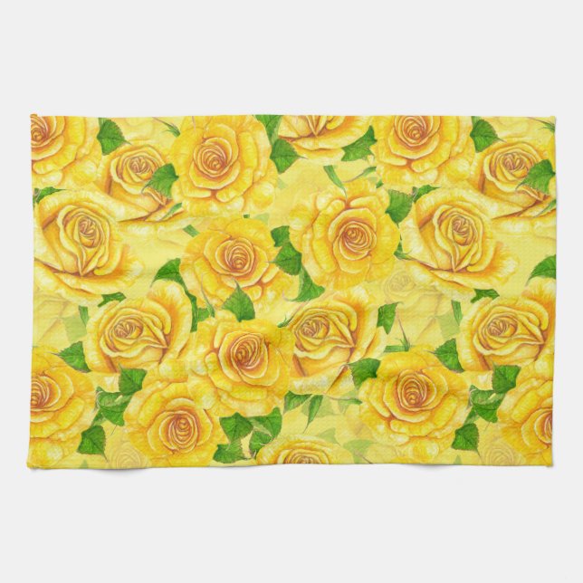 Yellow watercolor roses pattern kitchen towel (Horizontal)