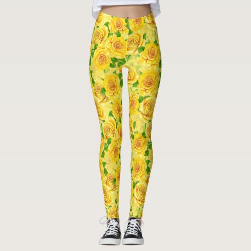 Yellow watercolor roses pattern leggings