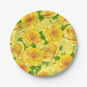 Yellow watercolor roses pattern paper plates