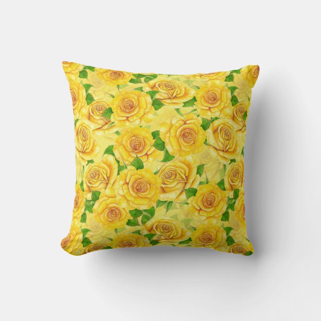 Yellow watercolor roses pattern throw pillow (Front)