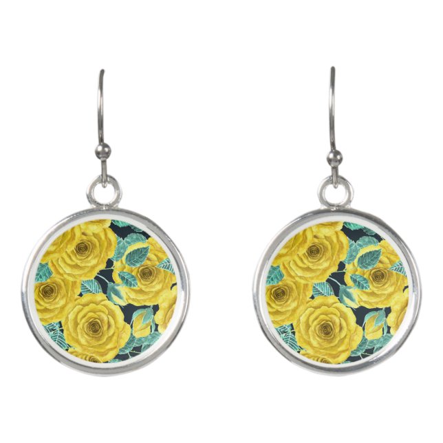 Yellow watercolor roses with leaves and buds patte earrings (Front)