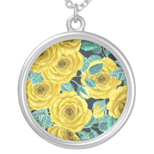 Yellow watercolor roses with leaves and buds patte silver plated necklace