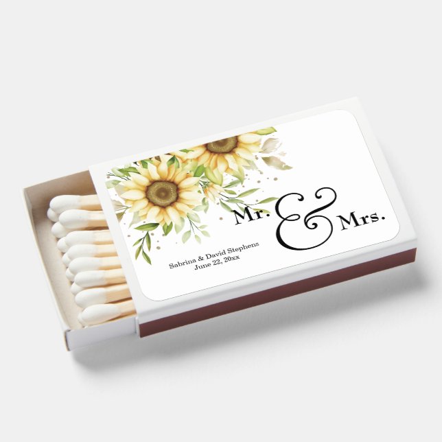 Yellow Watercolor Rustic Sunflowers Mr and Mrs  Matchboxes (Front Open)