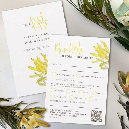 Yellow watercolor spring flower wedding QR meals RSVP Card