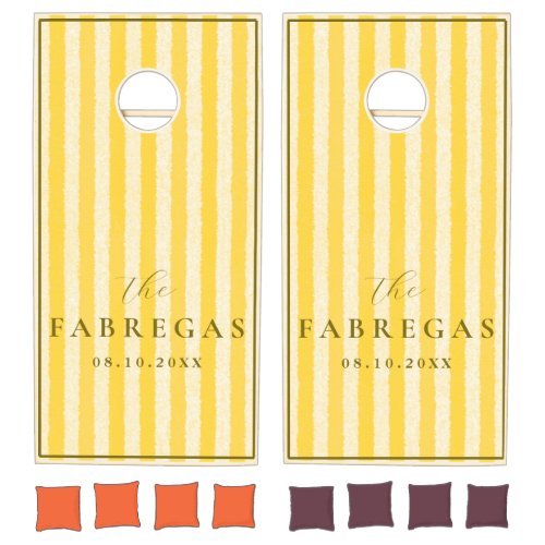 Yellow Watercolor Stripe Monogram Wedding Cornhole Set