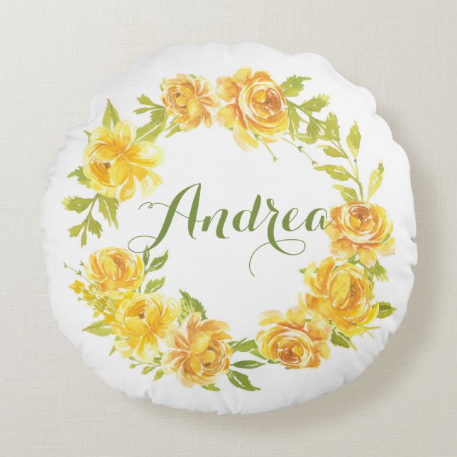 Yellow Watercolor Summer Floral Wreath Nursery Round Pillow (Front)