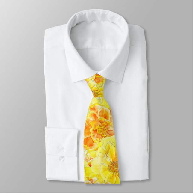 Yellow watercolor summer marigold flowers neck tie (Tied)