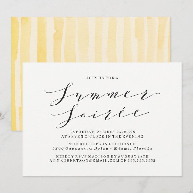 Yellow Watercolor Summer Soiree Party Invitation (Front/Back)