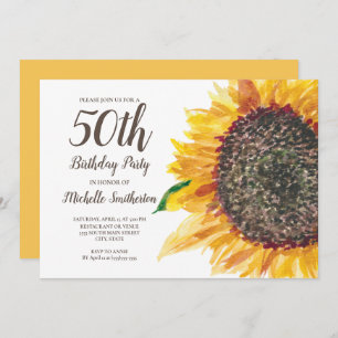 Yellow Watercolor Sunflower 50th Birthday Women Invitation