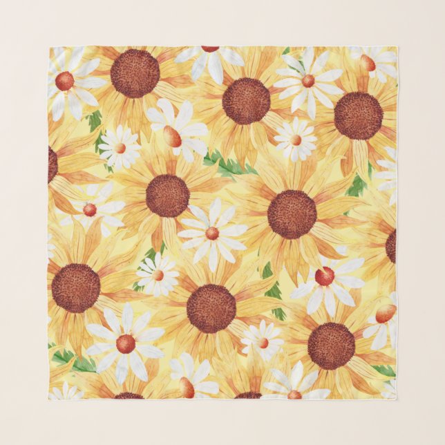 Yellow Watercolor Sunflower and Daisy  Scarf (Front)