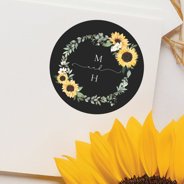 Yellow Watercolor Sunflower Country Wreath Wedding Classic Round Sticker (Yellow Watercolor Sunflower Country Wreath Wedding Classic Round Sticker)