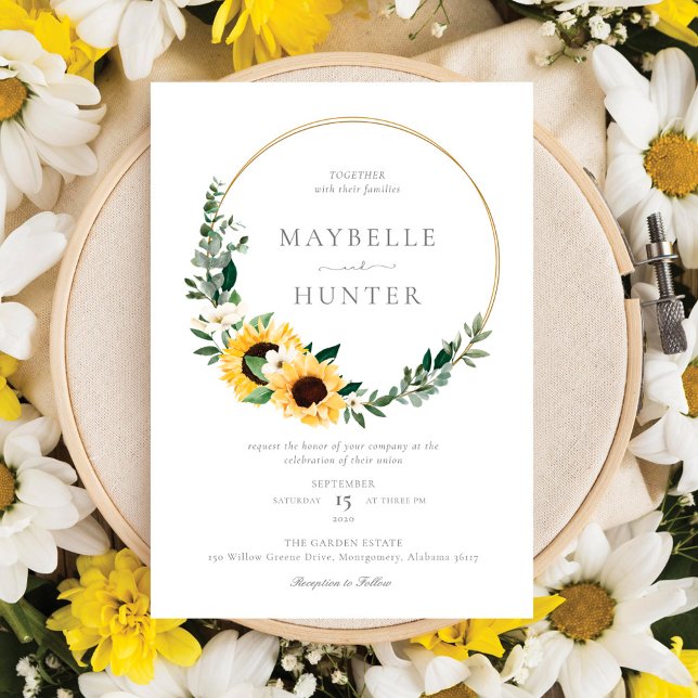 Yellow Watercolor Sunflower Country Wreath Wedding Invitation (Creator Uploaded)