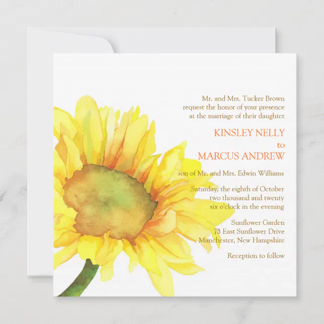 Yellow Watercolor Sunflower Floral Wedding Invitation 