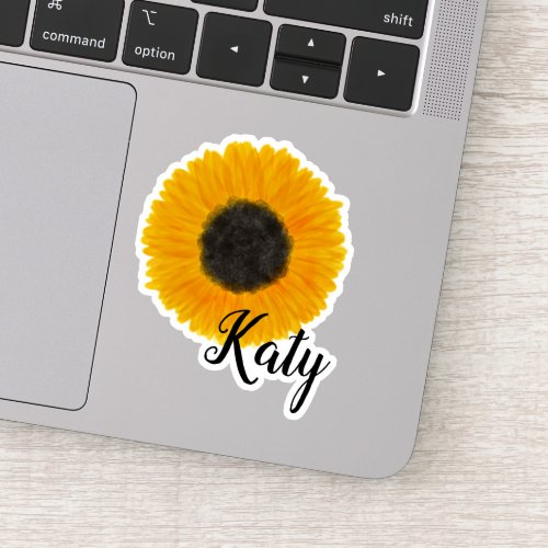 Yellow Watercolor Sunflower Name Laptop Sticker