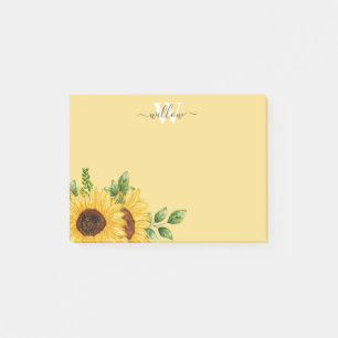 Yellow Watercolor Sunflower with Monogram Post-it Notes