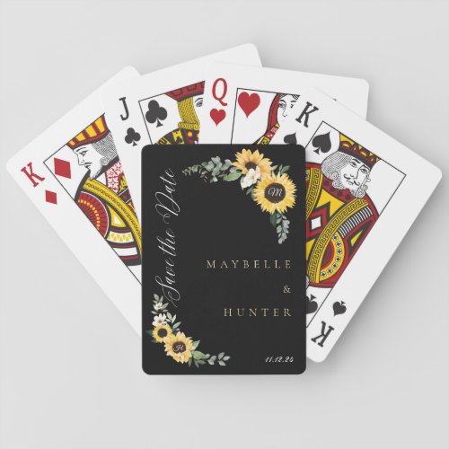 Yellow Watercolor Sunflower Wreath Save Our Date Poker Cards