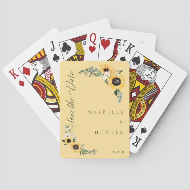 Yellow Watercolor Sunflower Wreath Save Our Date Poker Cards (Back)