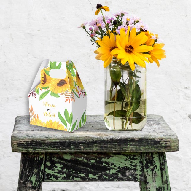 Yellow watercolor sunflowers and leaves wedding favor boxes (Creator Uploaded)