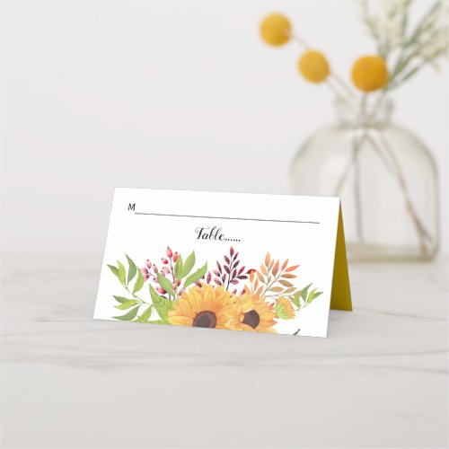 Yellow watercolor sunflowers and leaves wedding place card