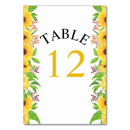 Yellow watercolor sunflowers and leaves wedding table number
