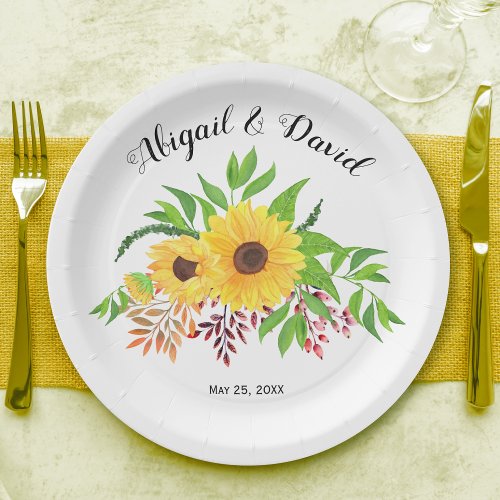 Yellow watercolor sunflowers fall leaves wedding paper plates