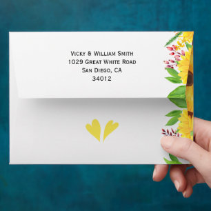 Yellow watercolor sunflowers floral wedding envelope