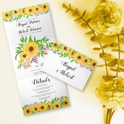 Yellow watercolor sunflowers floral wedding Tri_Fold invitation