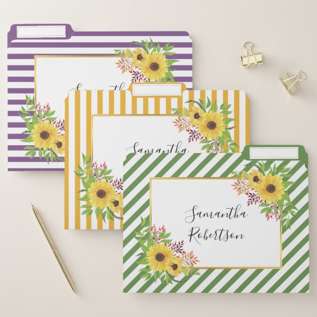 Yellow watercolor sunflowers, frame and stripes file folder (Set)
