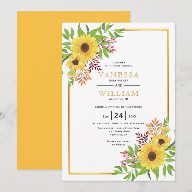 Yellow watercolor sunflowers, gold frame wedding invitation (Front/Back)