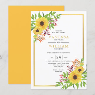 Yellow watercolor sunflowers, gold frame wedding invitation