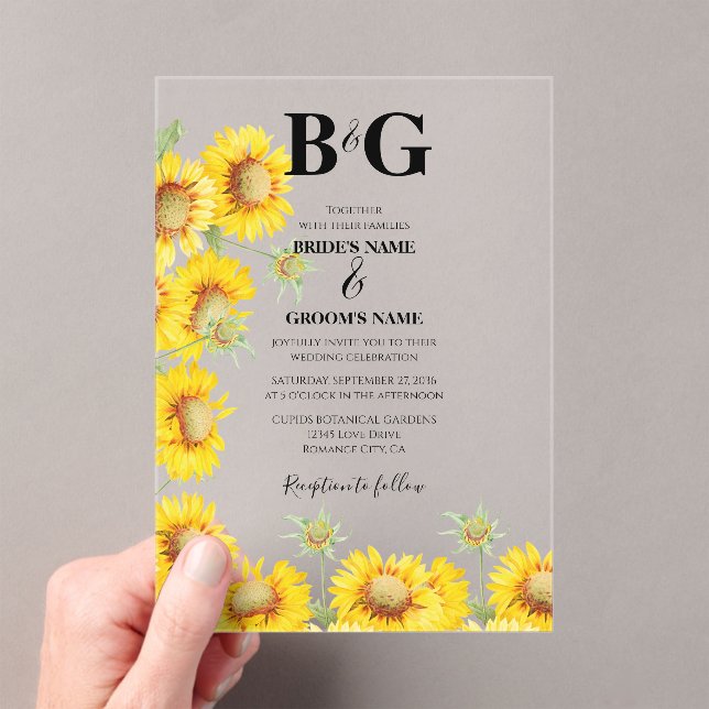 Yellow Watercolor Sunflowers Monogram Wedding Acrylic Invitations (Insitu (Handheld))