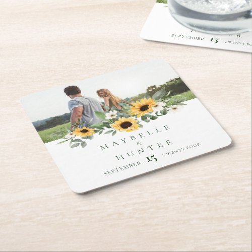 Yellow Watercolor Sunflowers Photo Save Our Date Square Paper Coaster