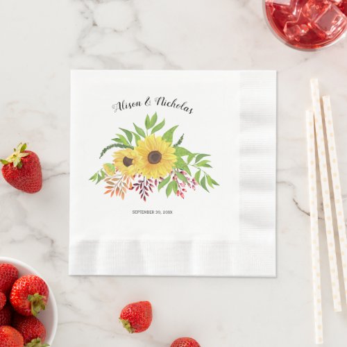Yellow watercolor sunflowers rustic floral wedding napkins