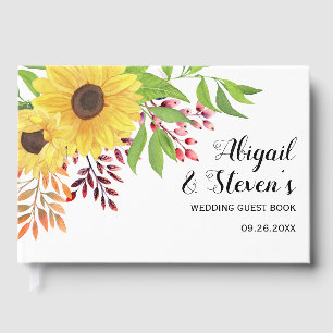 Yellow watercolor sunflowers, typography wedding guest book