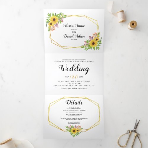 Yellow watercolor sunflowers typography wedding Tri_Fold invitation